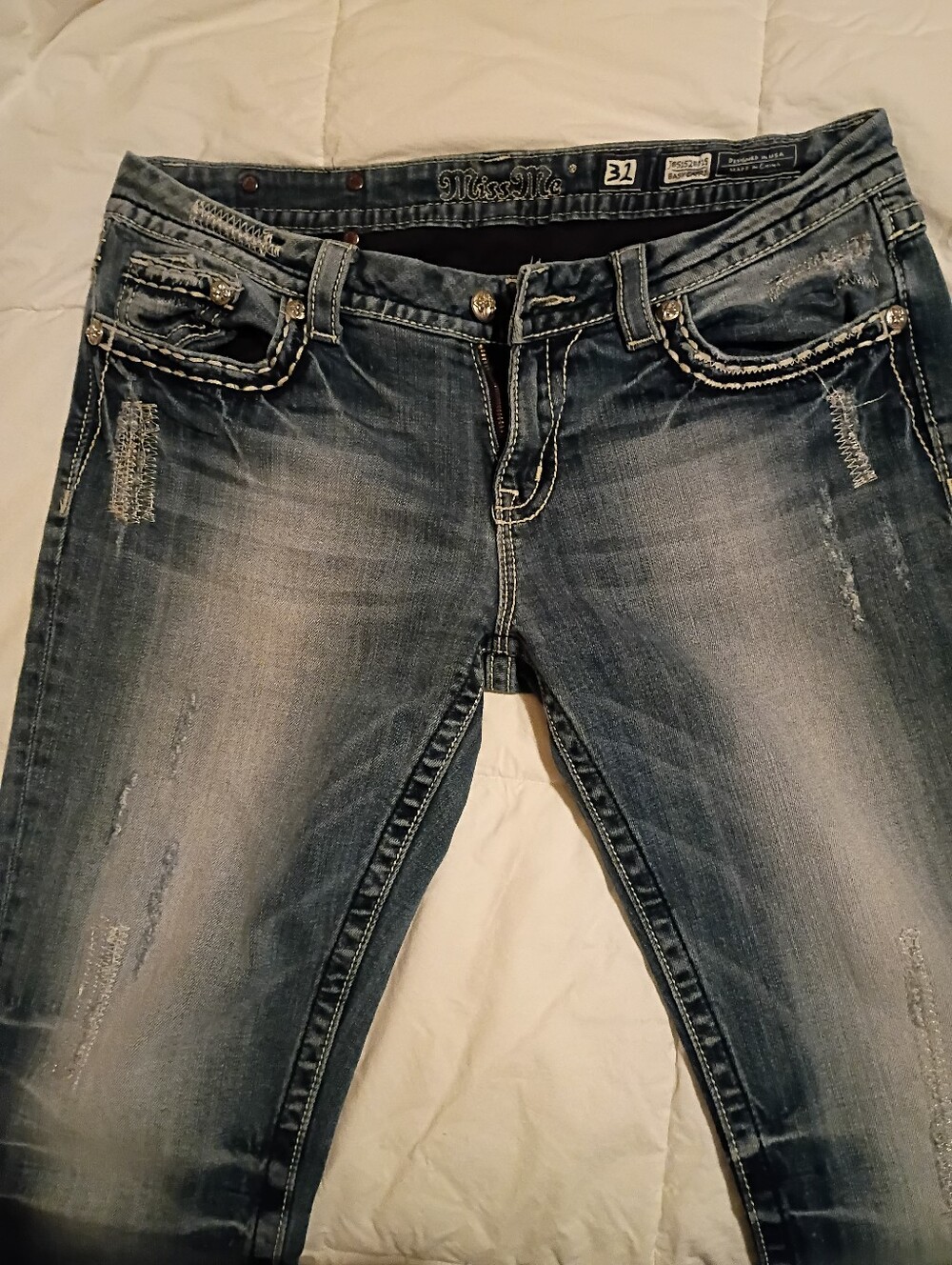Miss Me Faded Blue Low Rise Capris with Embellished Pockets